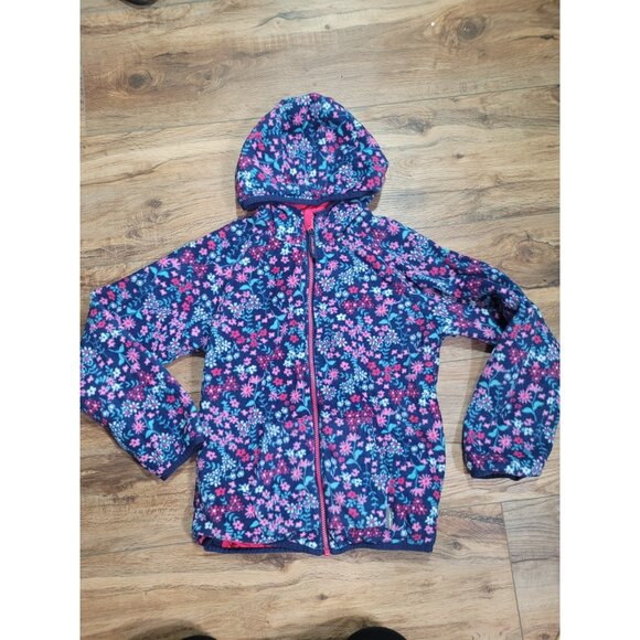 Eddie Bauer Reversible Hooded Spring Jacket Pink/Blue Floral Fleece Girls 10 12 - Picture 2 of 10